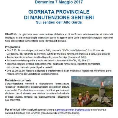 GIORNATA PROVINCIALE MANUTENZIONE SENTIERI – 7 MAGGIO 2017